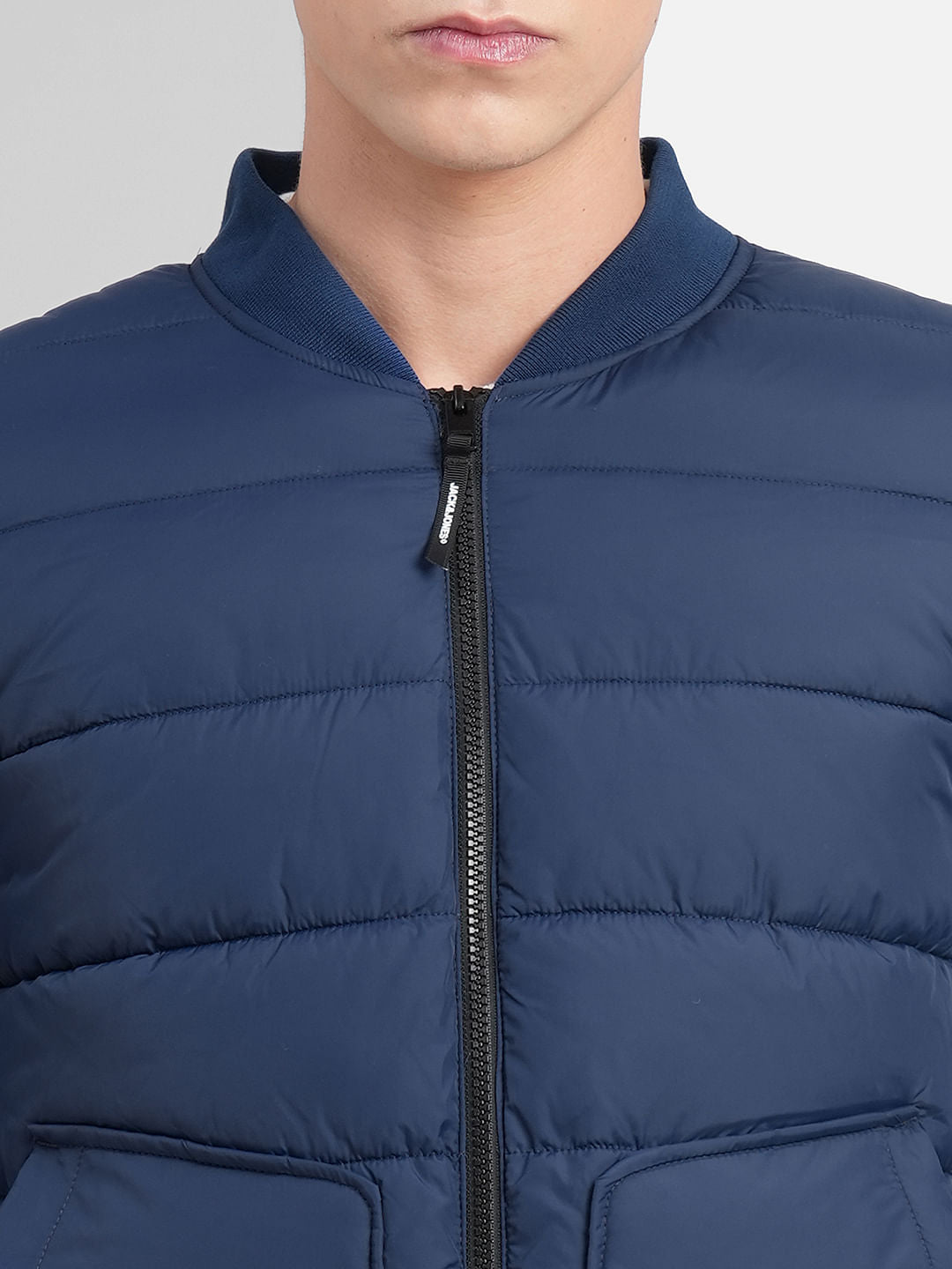Navy Blue Quilted Bomber Jacket
