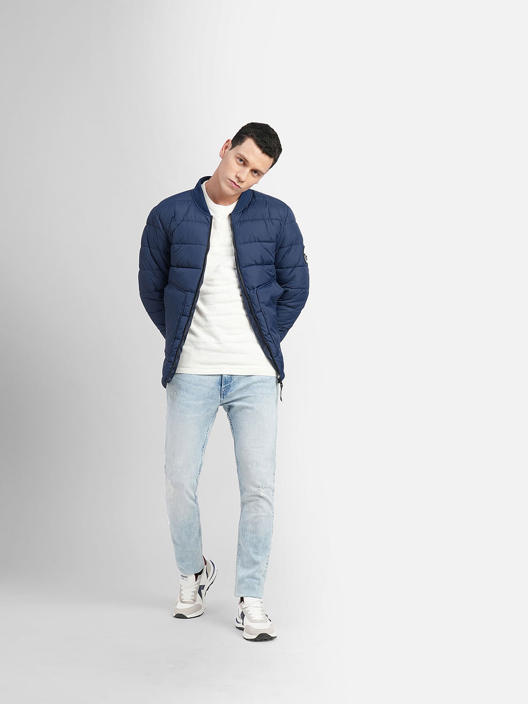 Navy Blue Quilted Bomber Jacket