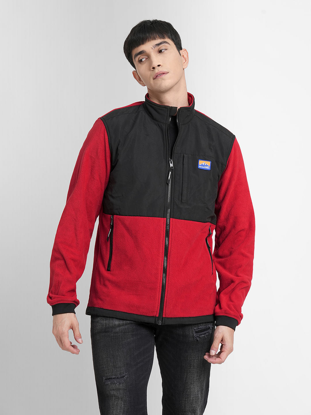 Red Colourblocked High Neck Jacket