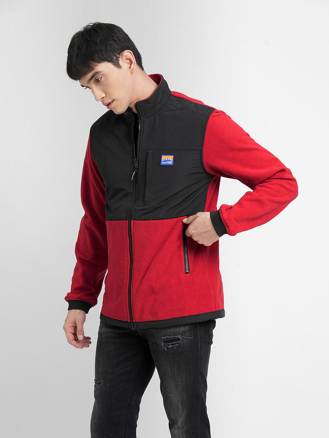 Red Colourblocked High Neck Jacket