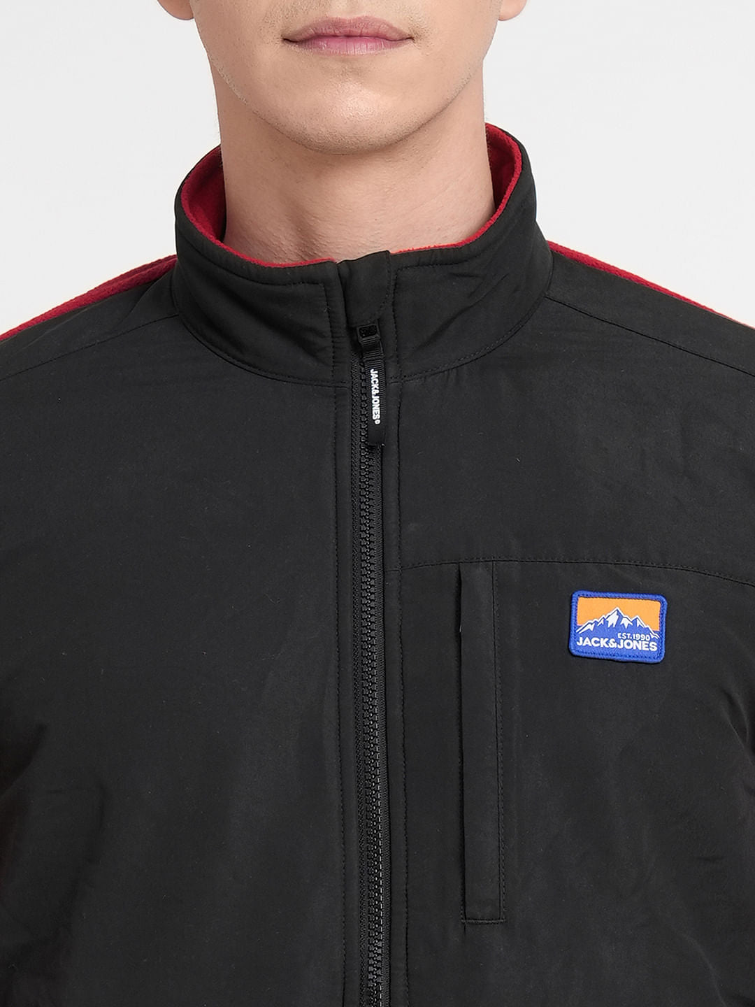 Red Colourblocked High Neck Jacket