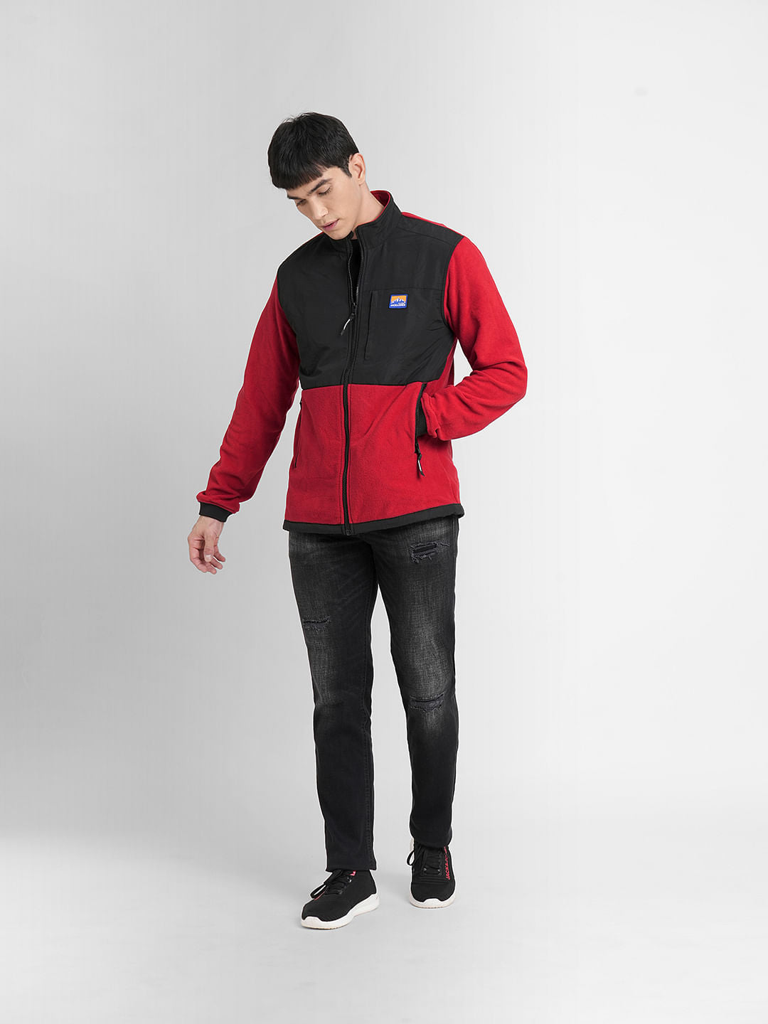Red Colourblocked High Neck Jacket