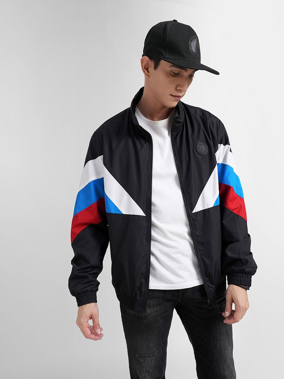 Black Colourblocked Wind Breaker Jacket