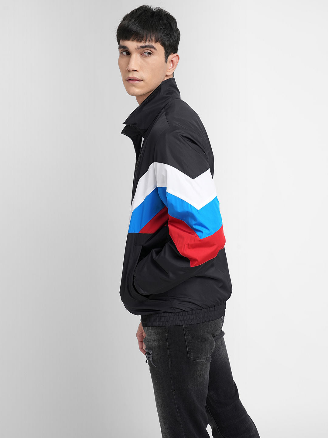 Black Colourblocked Wind Breaker Jacket