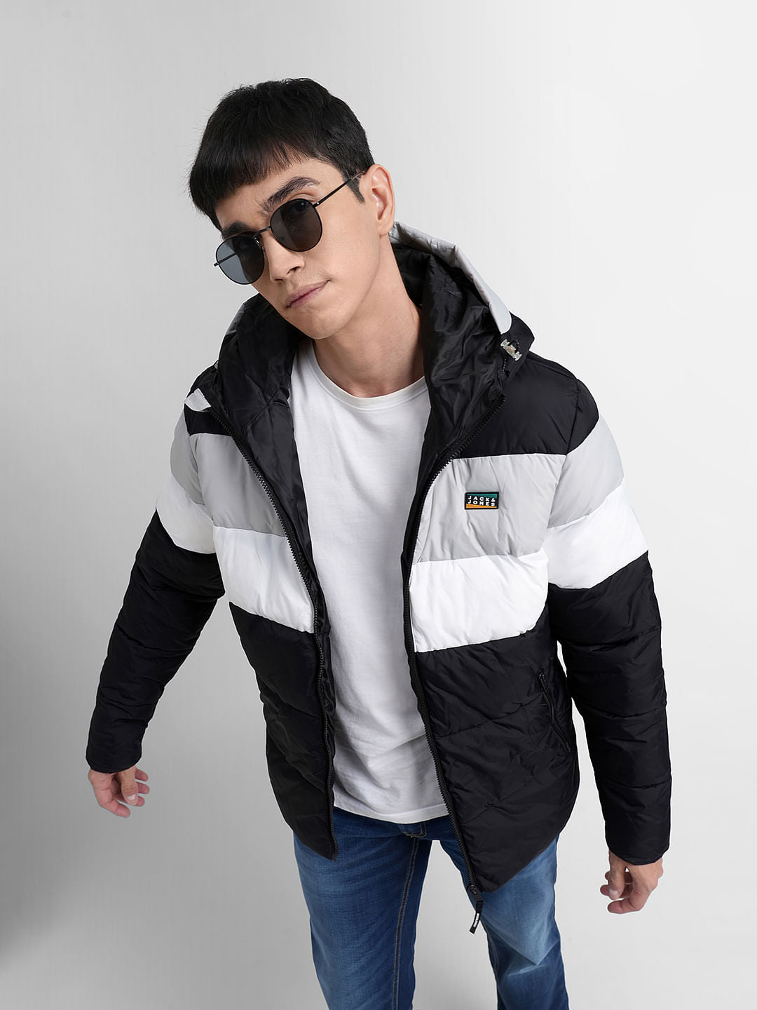 Black Colourblocked Hooded Puffer Jacket