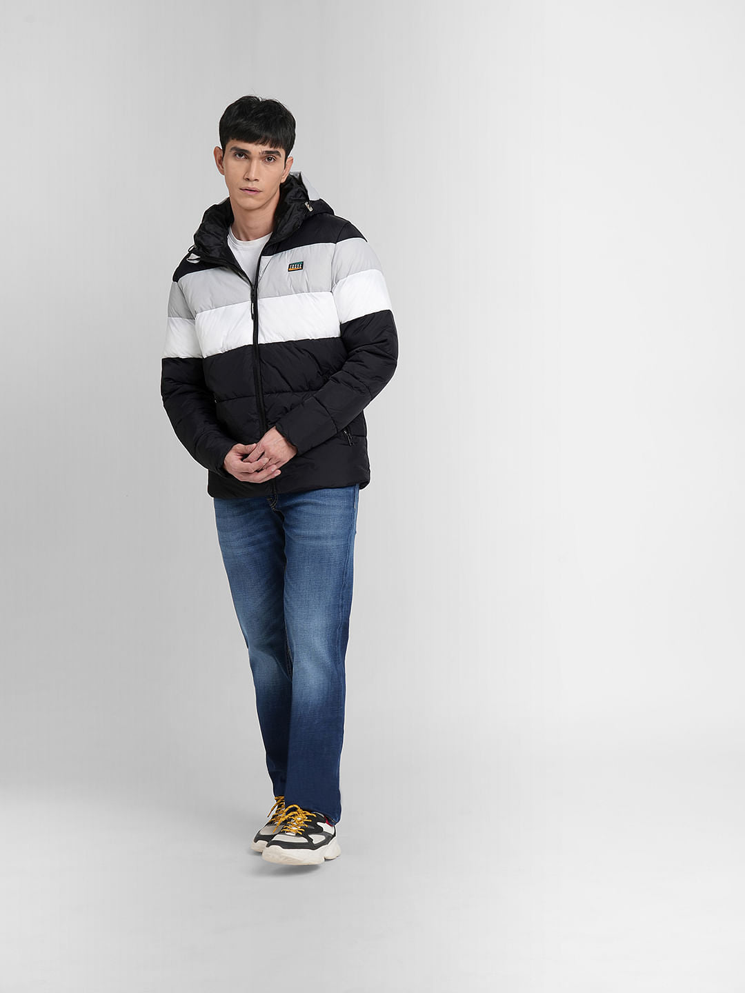 Black Colourblocked Hooded Puffer Jacket