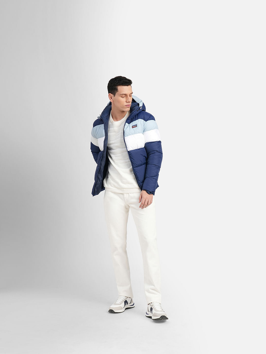 Navy Blue Colourblocked Hooded Puffer Jacket