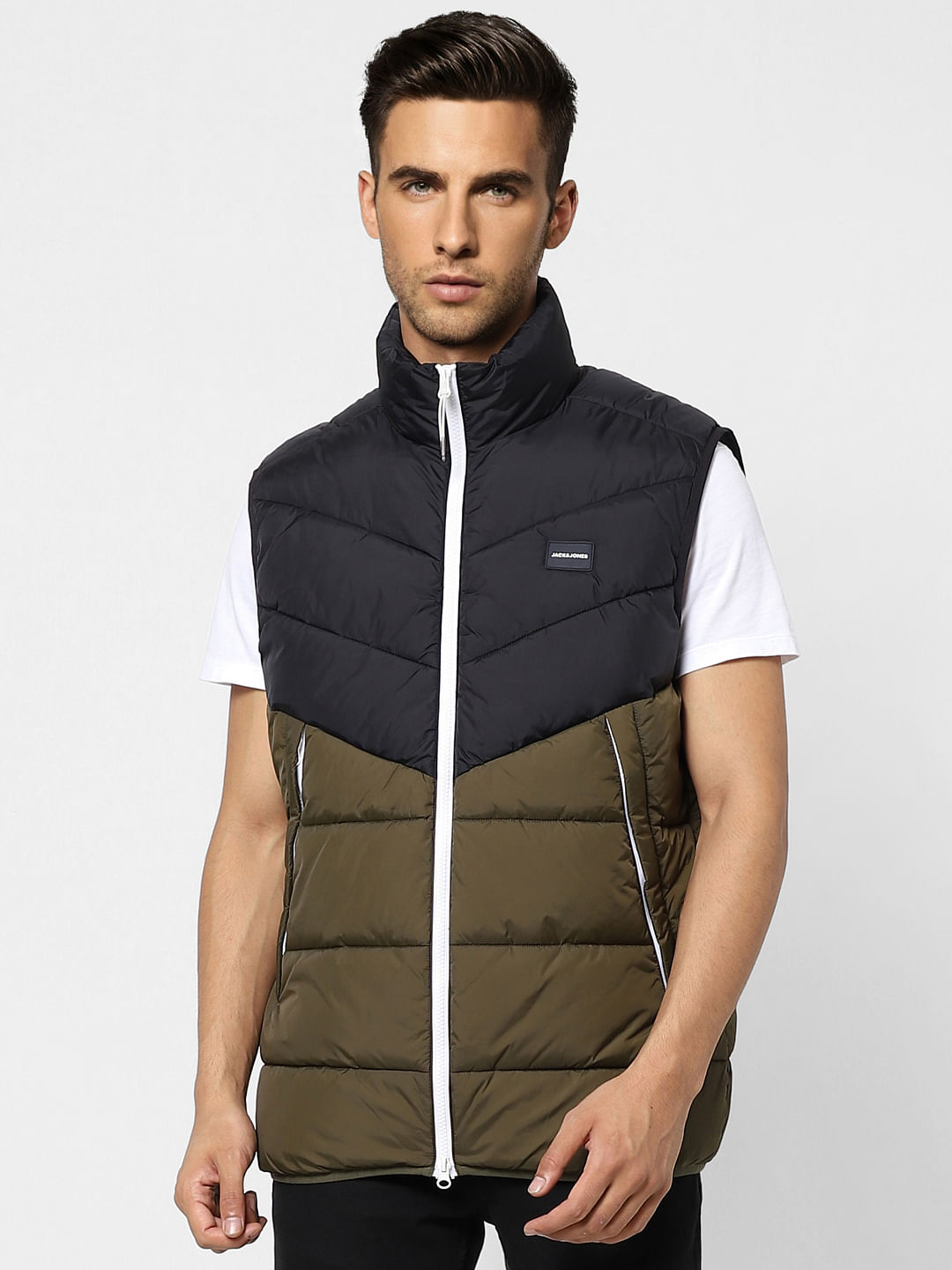 Olive Colourblocked Puffer Vest Jacket