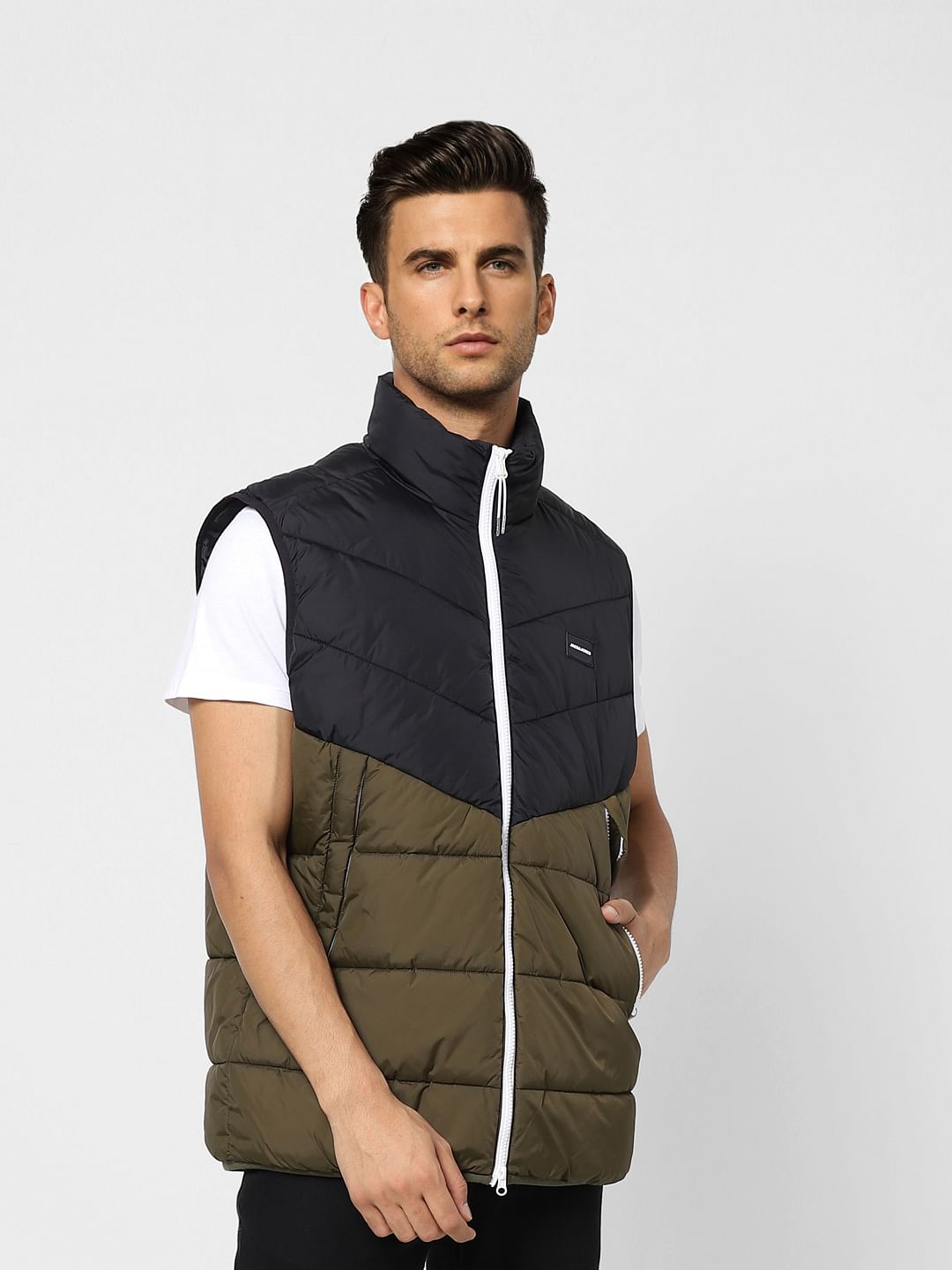 Olive Colourblocked Puffer Vest Jacket