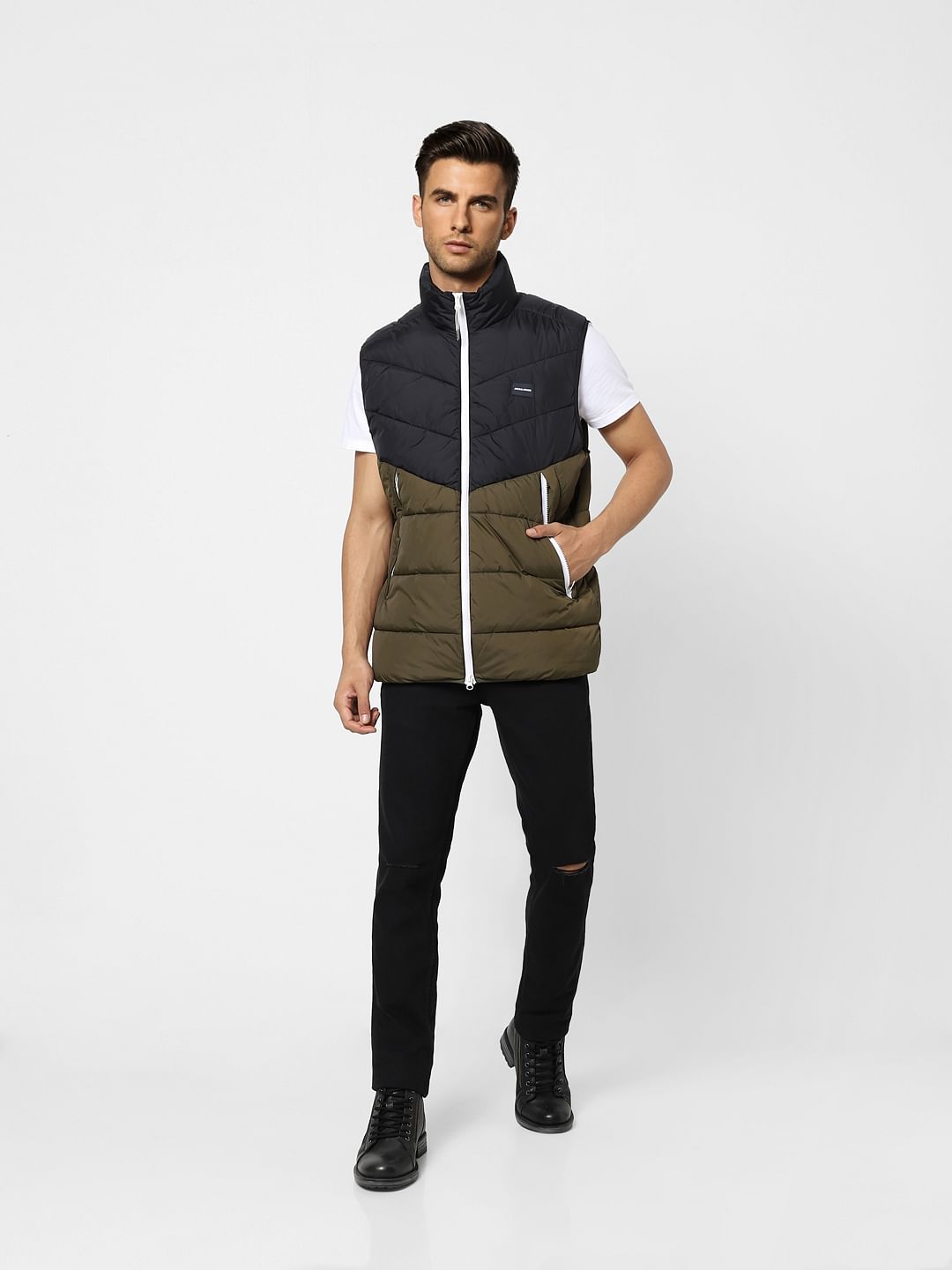 Olive Colourblocked Puffer Vest Jacket