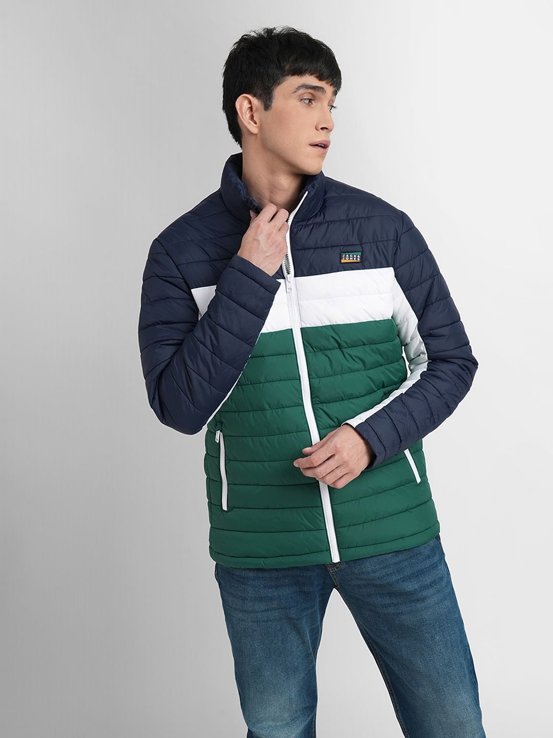 Green Colourblocked Puffer Jacket