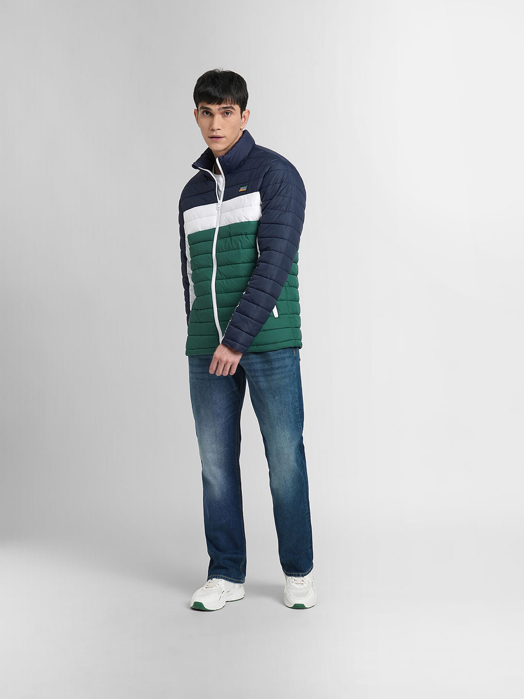 Green Colourblocked Puffer Jacket