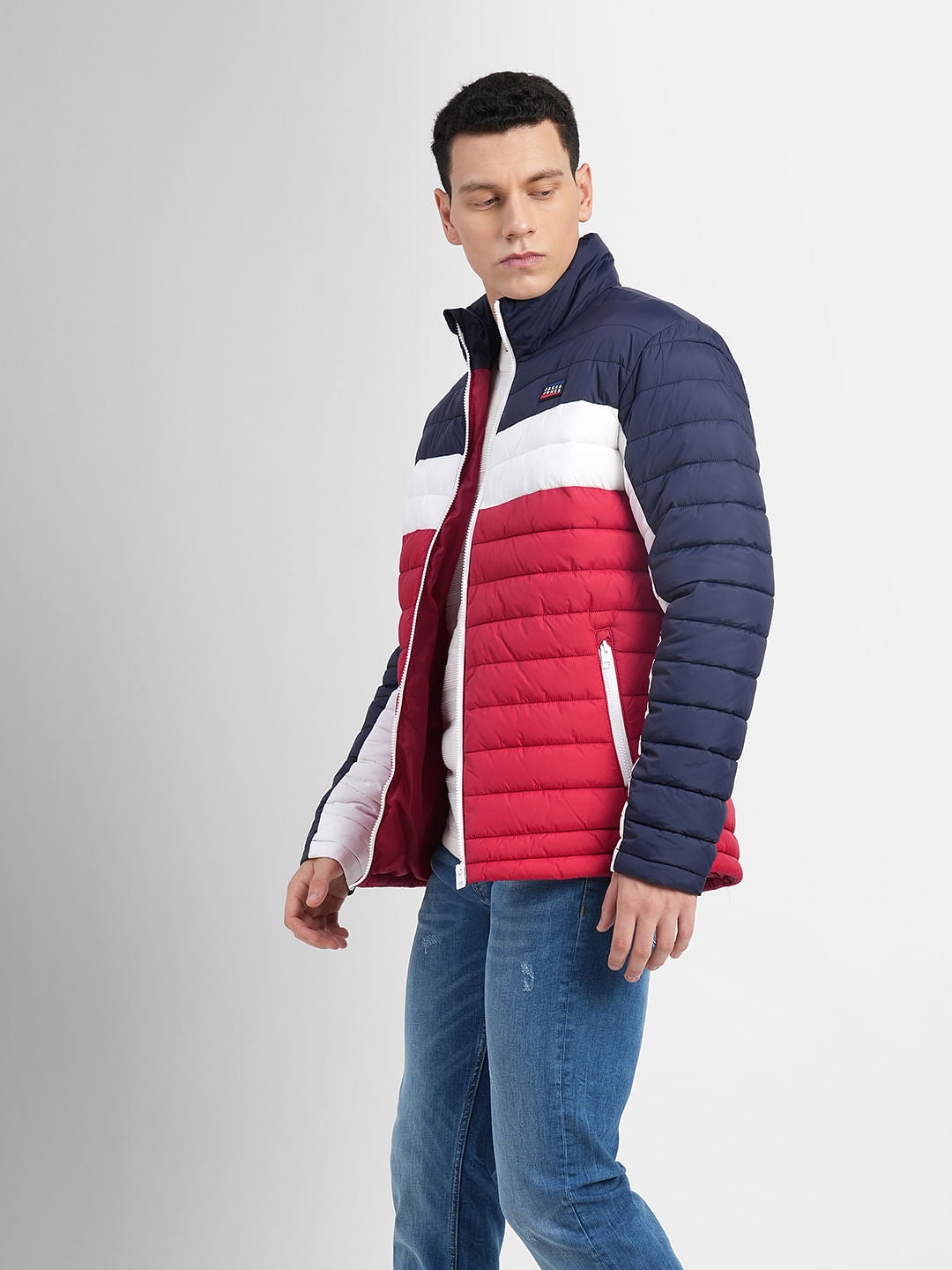 Red Colourblocked Hooded Puffer Jacket