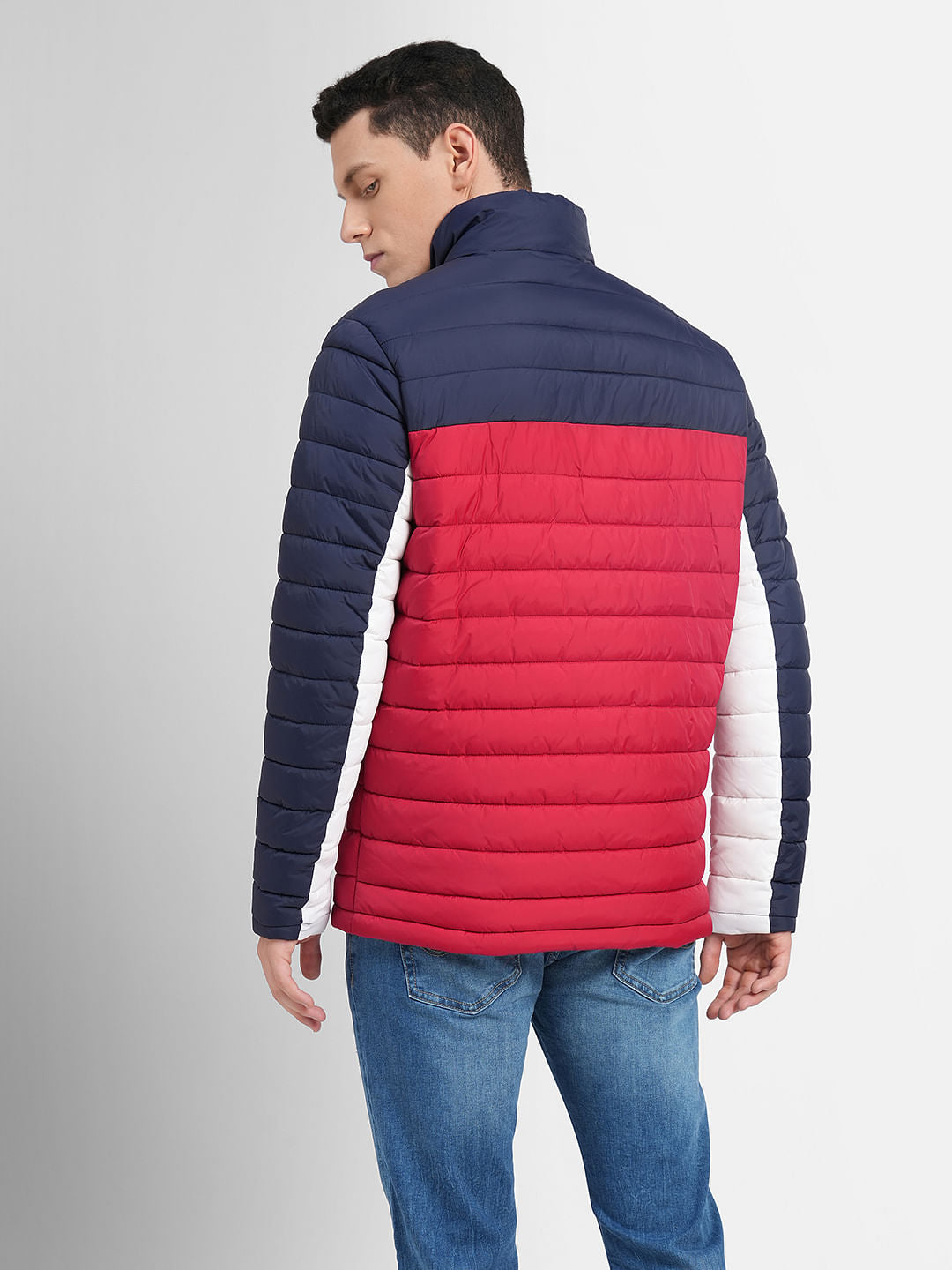 Red Colourblocked Hooded Puffer Jacket