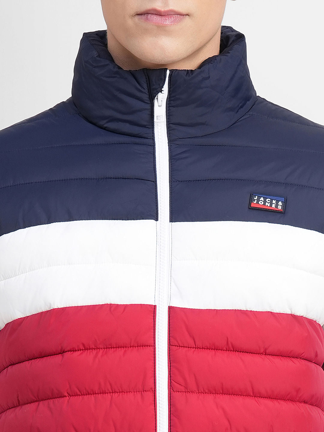 Red Colourblocked Hooded Puffer Jacket