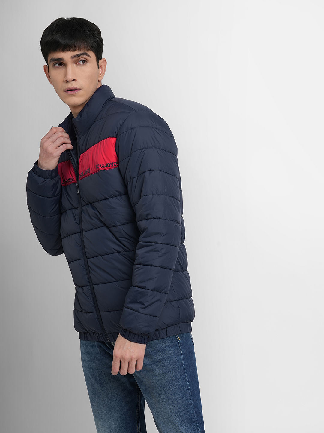 Navy Blue Logo Print Puffer Jacket