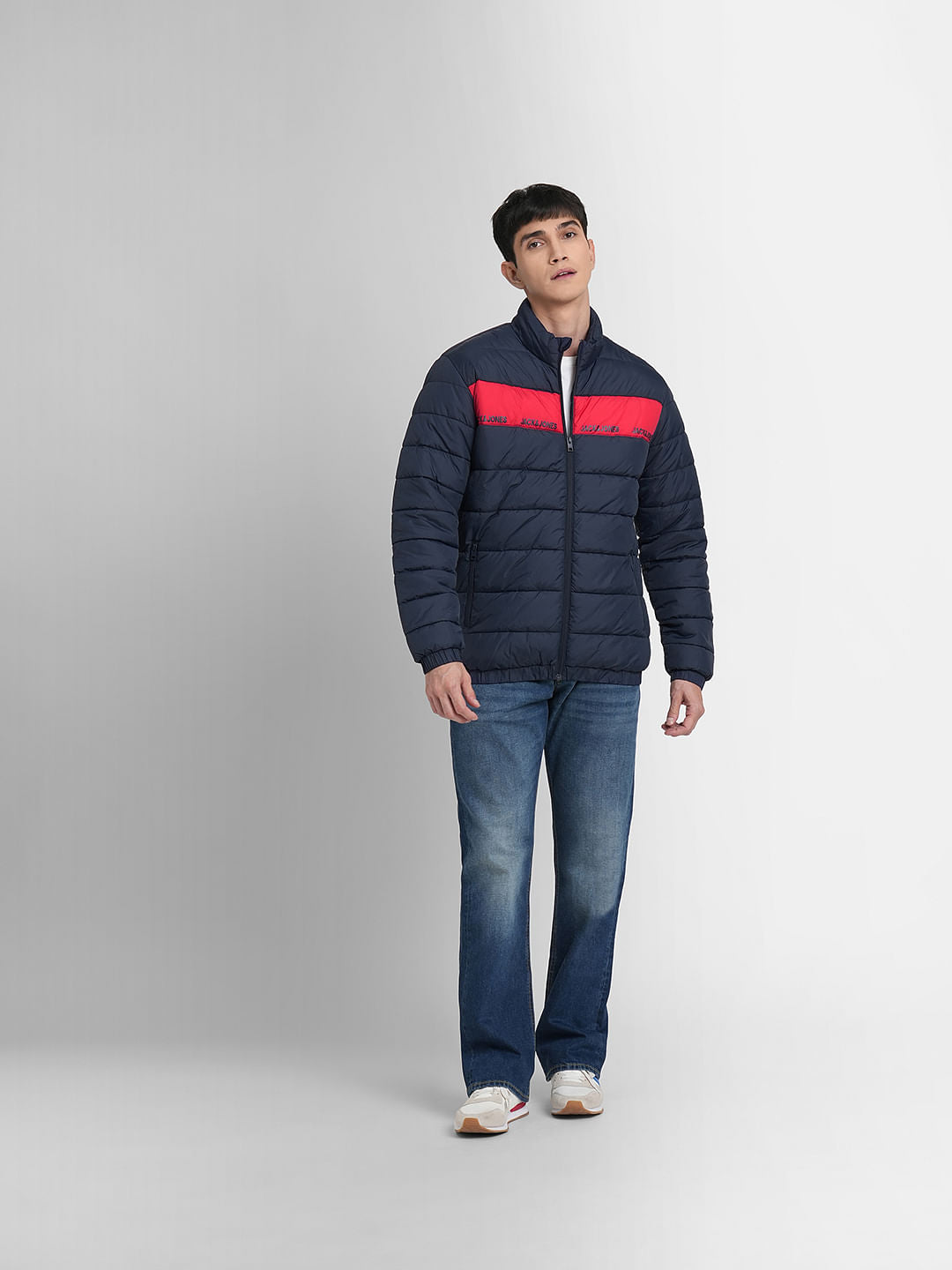 Navy Blue Logo Print Puffer Jacket