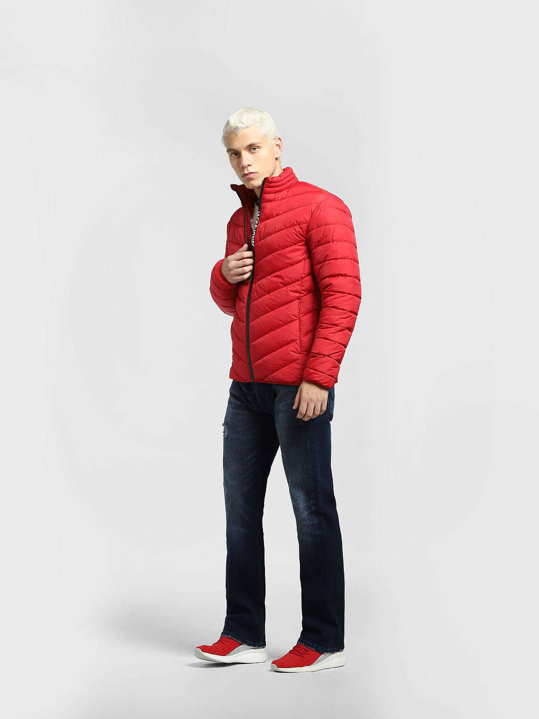 Red Logo Print Puffer Jacket