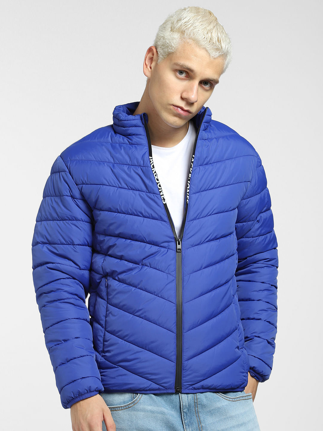 Blue Logo Print Puffer Jacket