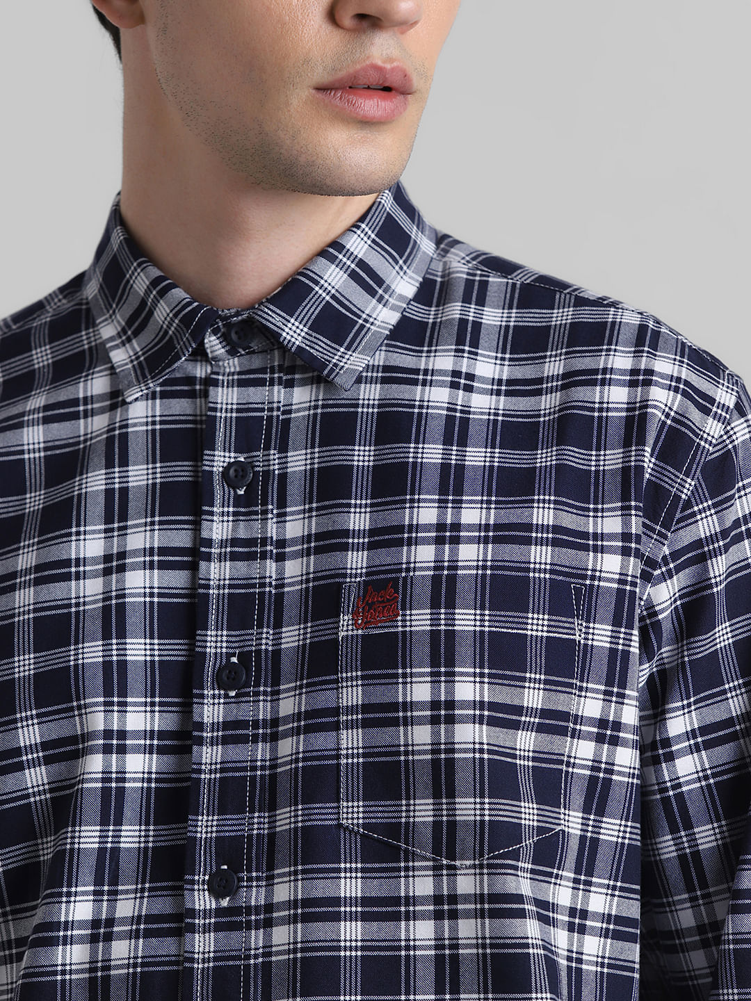 Navy Blue Check Print Full Sleeves Shirt