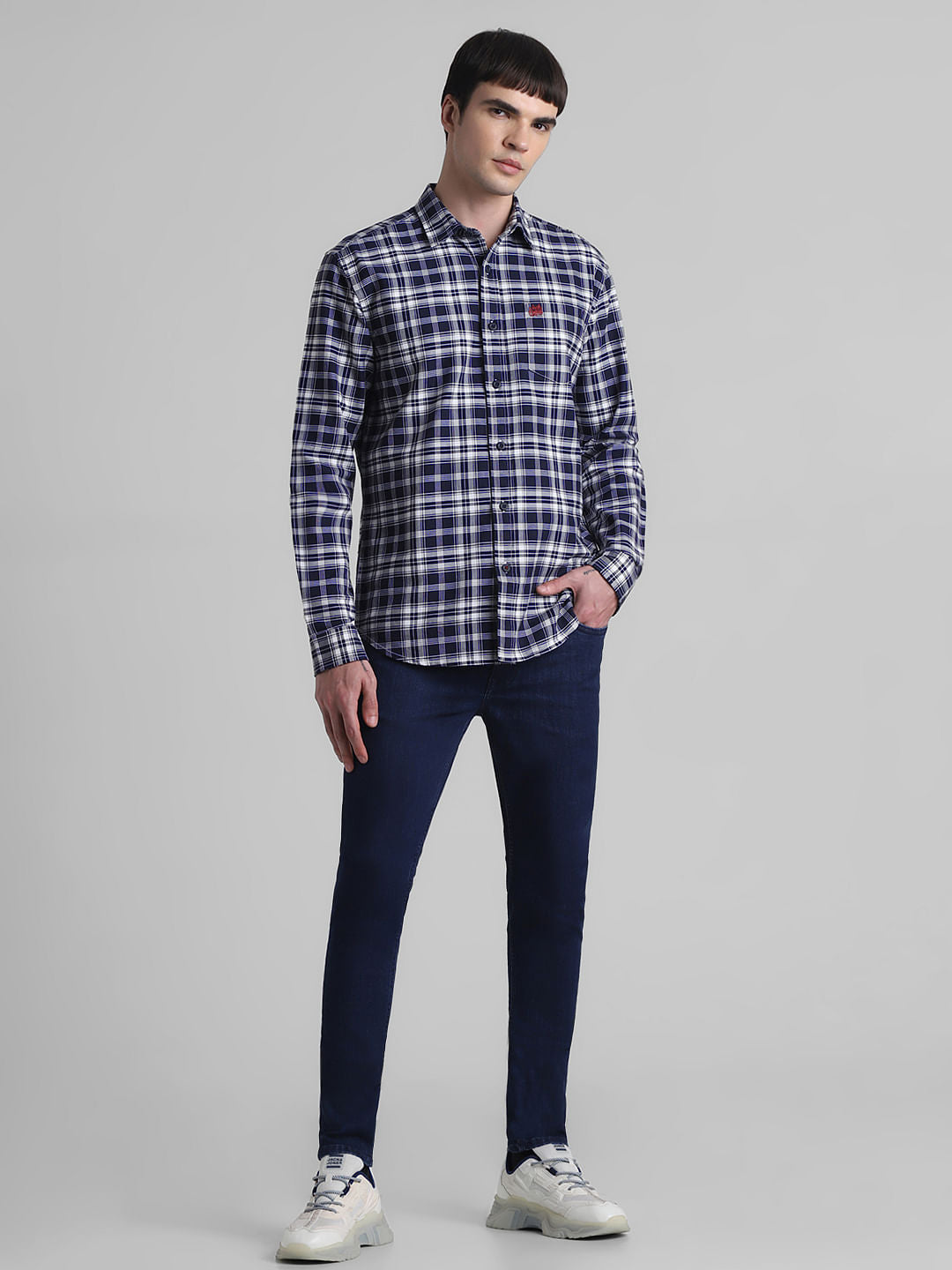 Navy Blue Check Print Full Sleeves Shirt