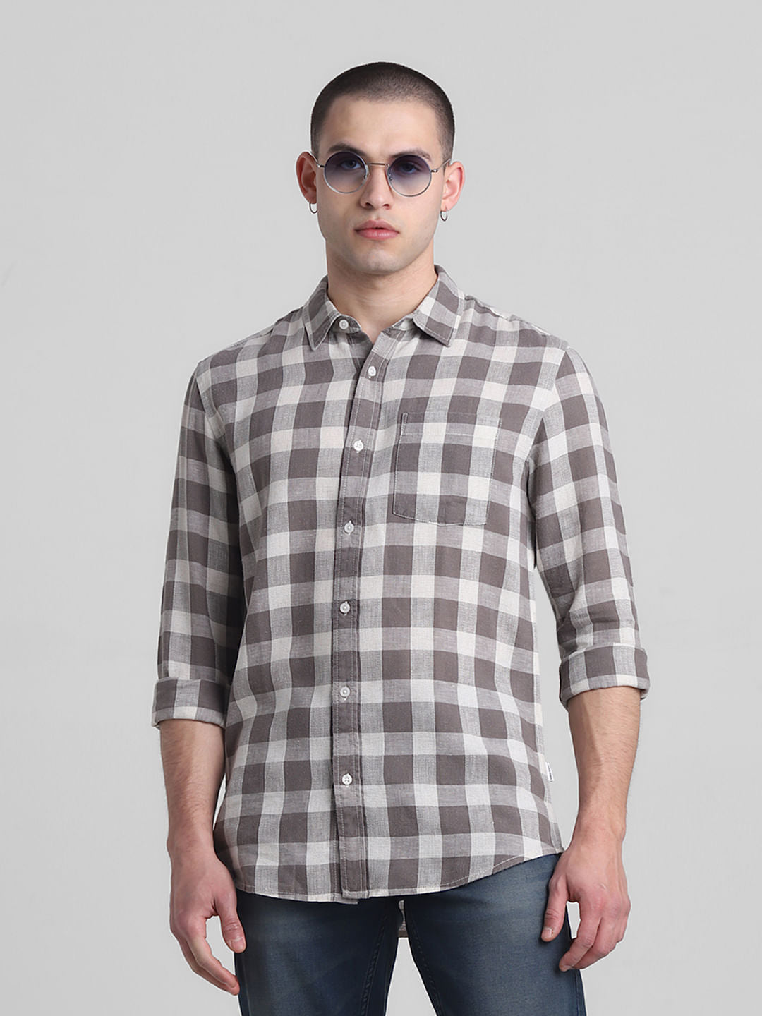 Brown Check Print Full Sleeves Shirt