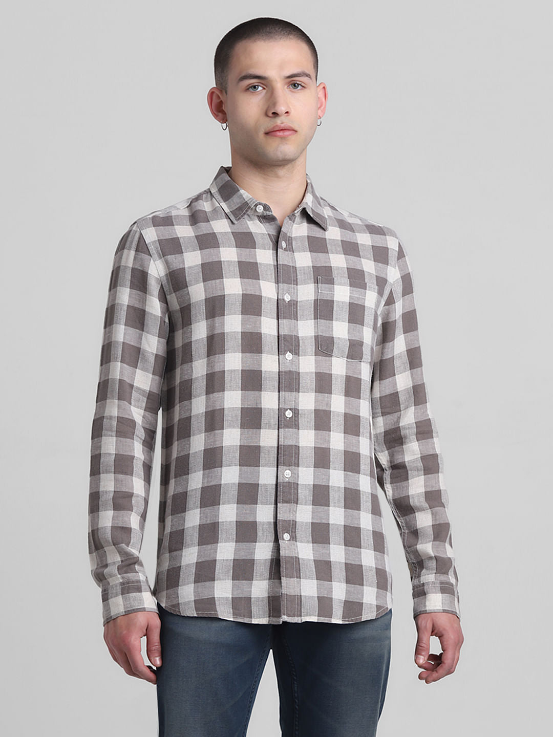 Brown Check Print Full Sleeves Shirt
