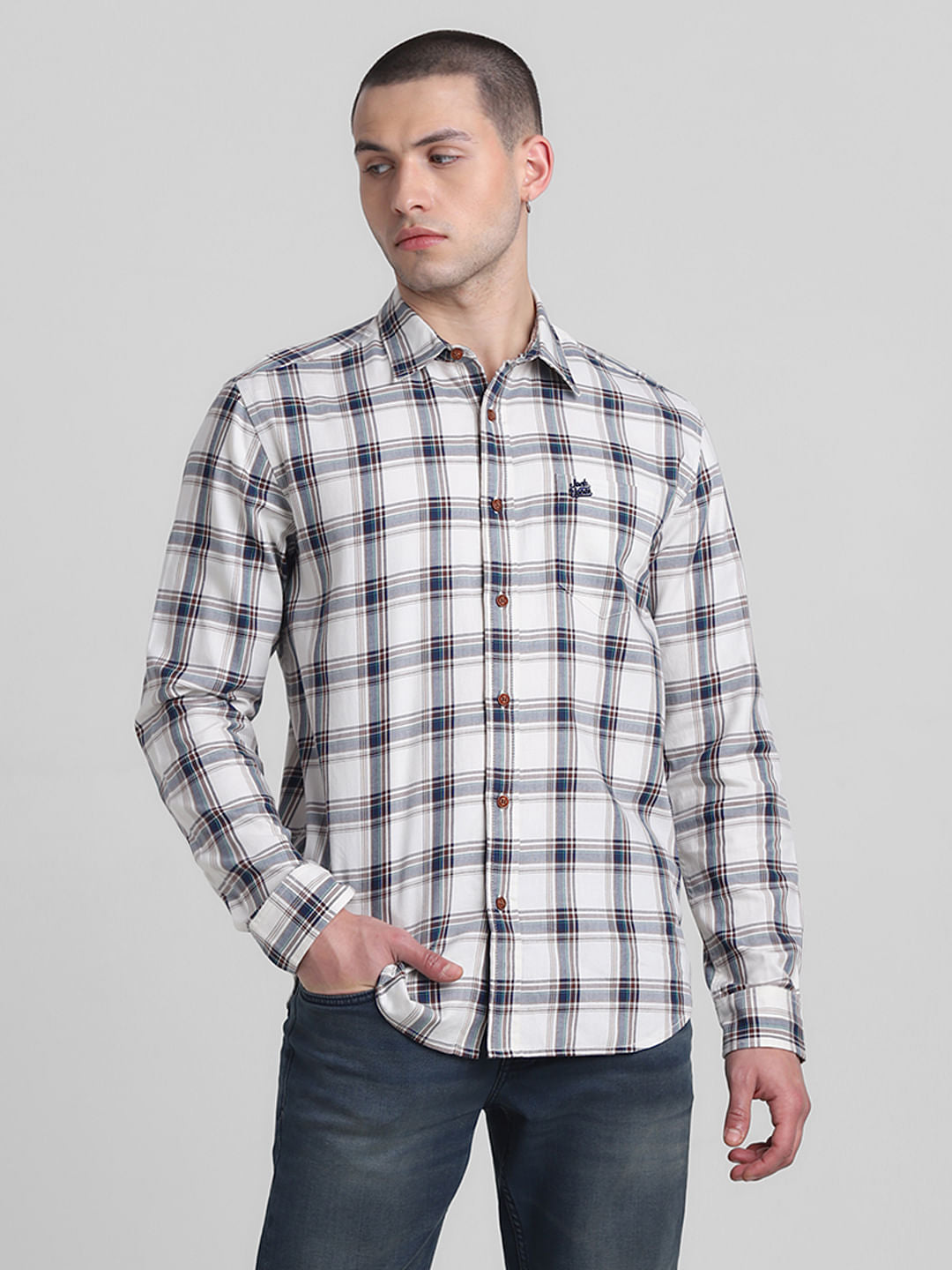 White Check Print Full Sleeves Shirt