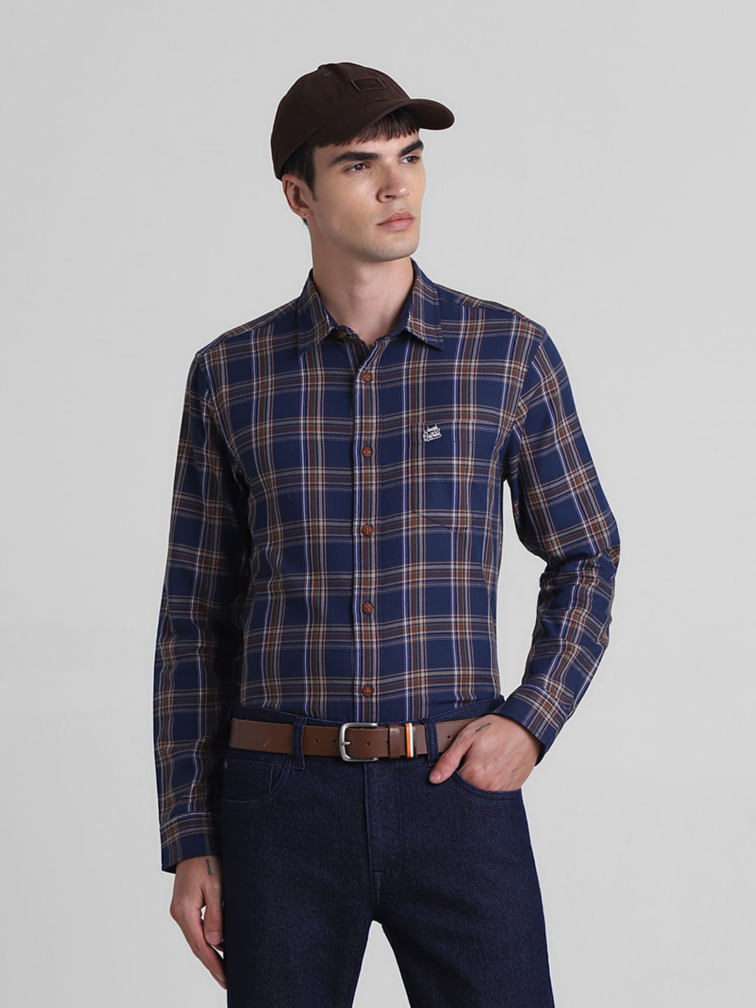 Navy Blue Check Print Full Sleeves Shirt