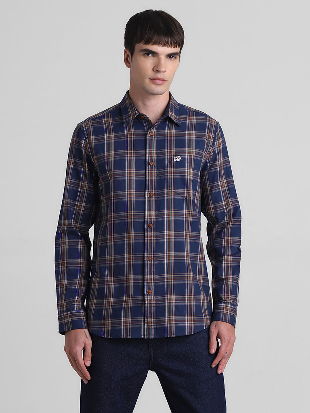 Navy Blue Check Print Full Sleeves Shirt