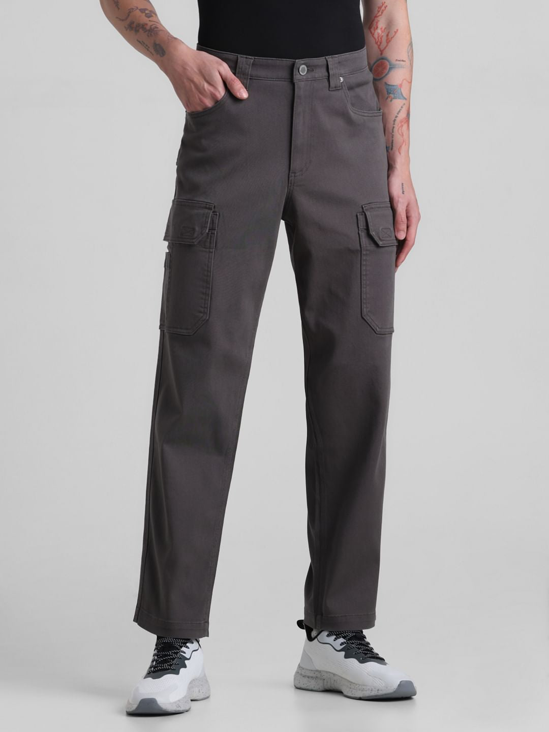 Regular Fit 6 Pocket Cargos - Dark Grey