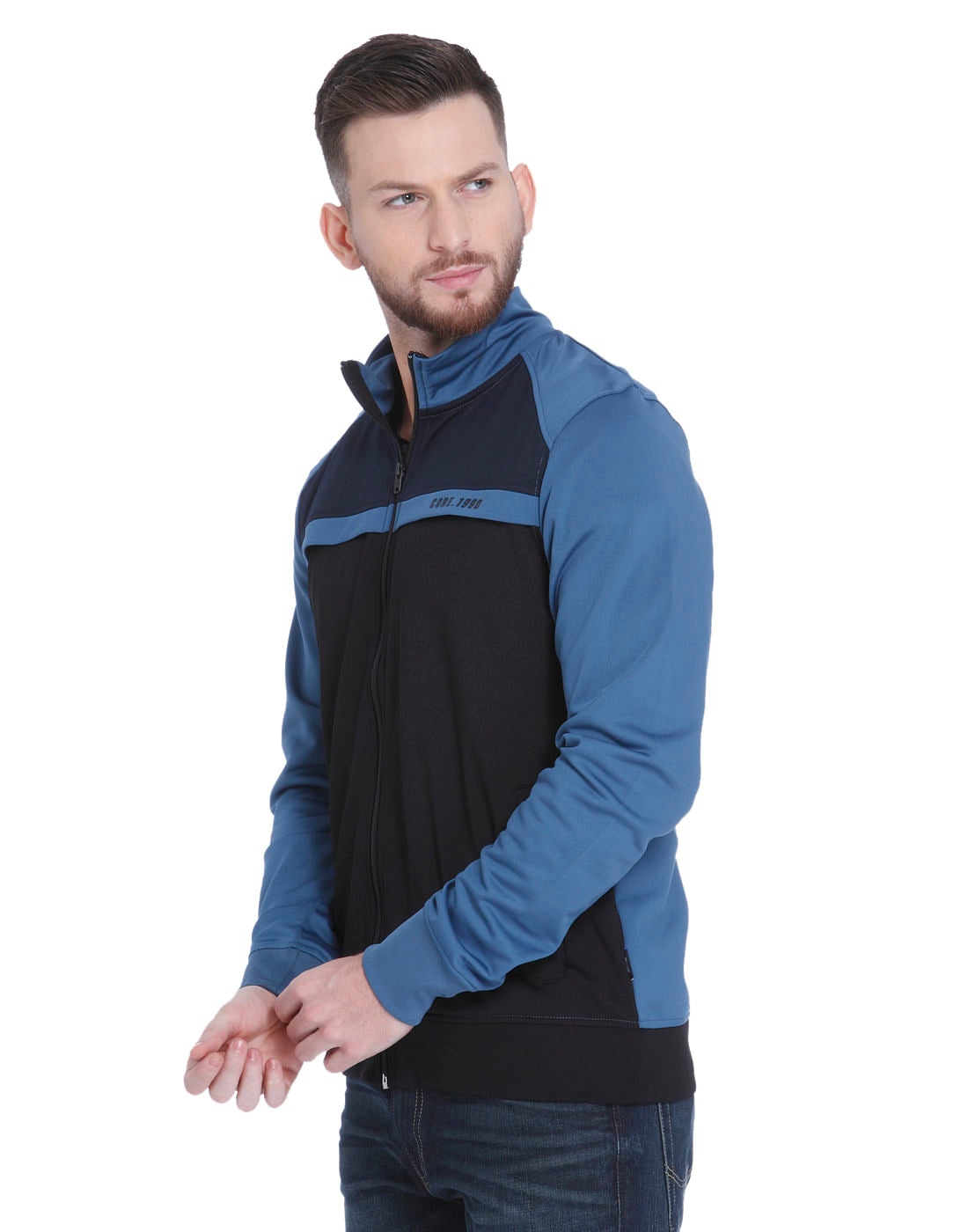 Blue High Neck Zip Up Sweatshirt