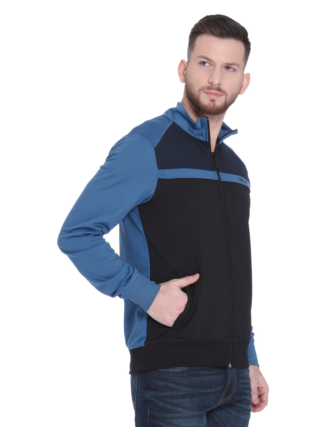 Blue High Neck Zip Up Sweatshirt