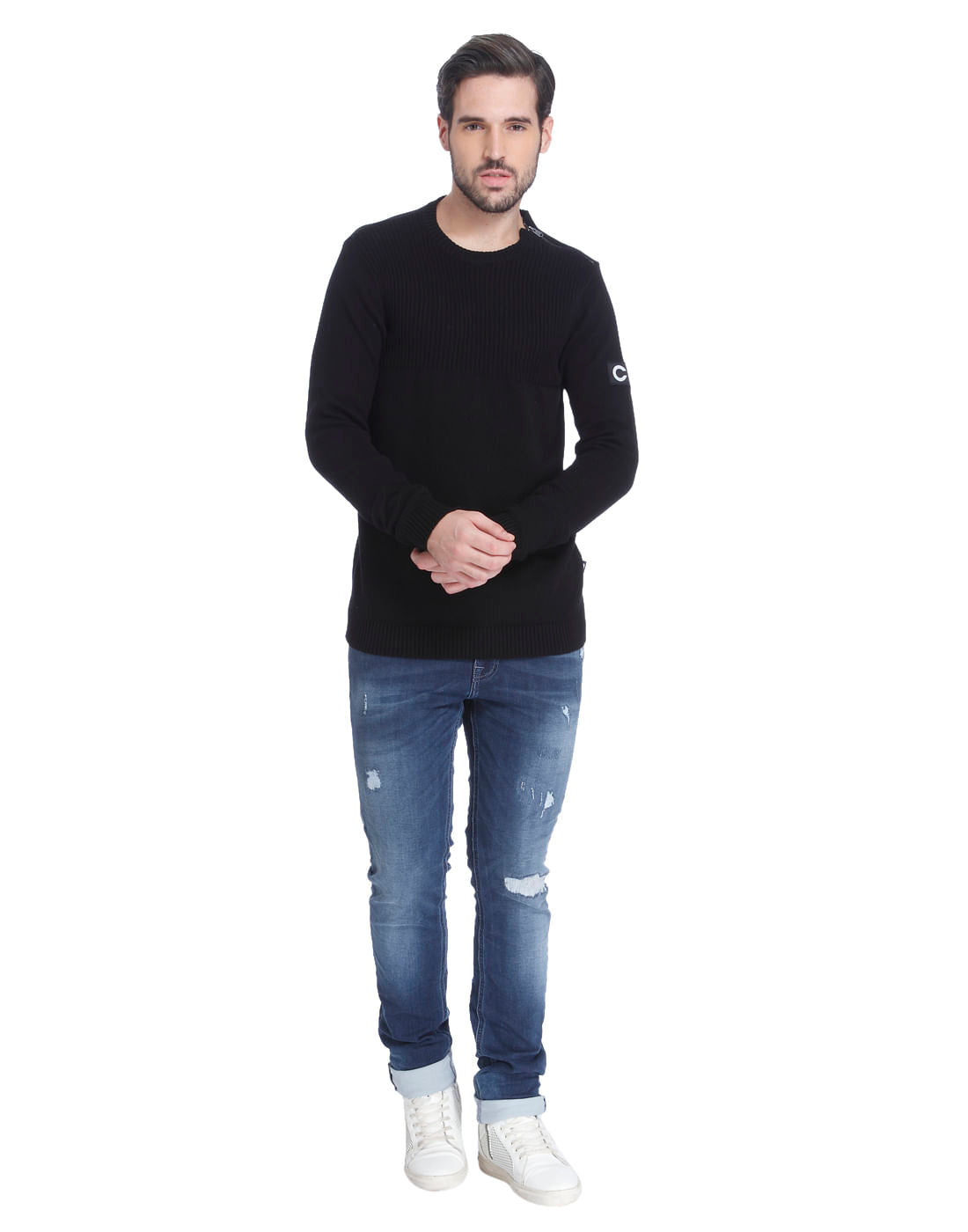 Black Shoulder Zip Knit Pullover