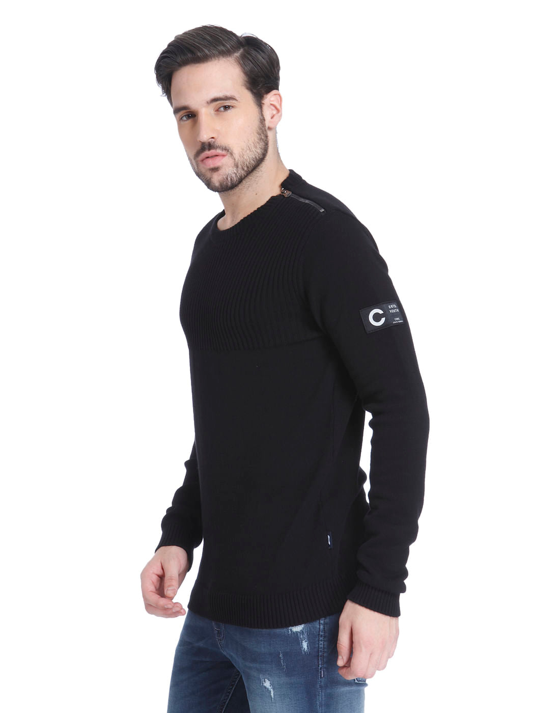 Black Shoulder Zip Knit Pullover