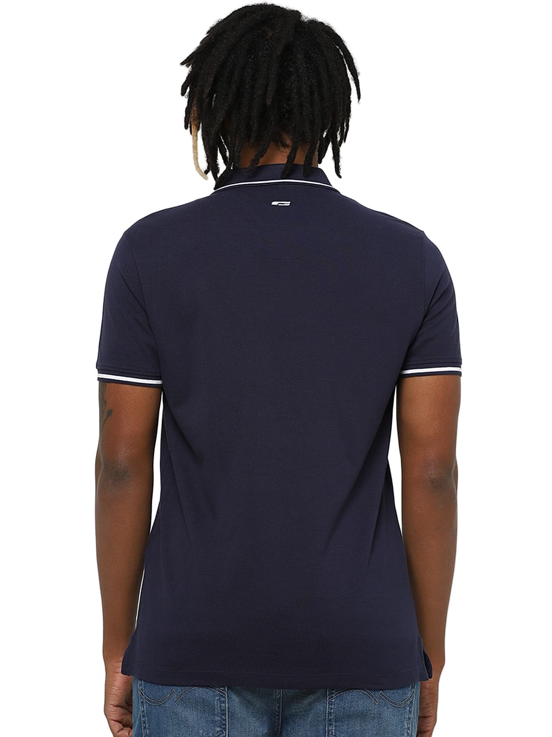 Dark Blue Contrast Tipping Polo Neck T-shirt