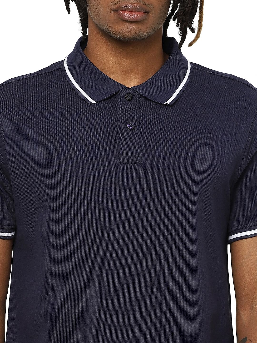 Dark Blue Contrast Tipping Polo Neck T-shirt