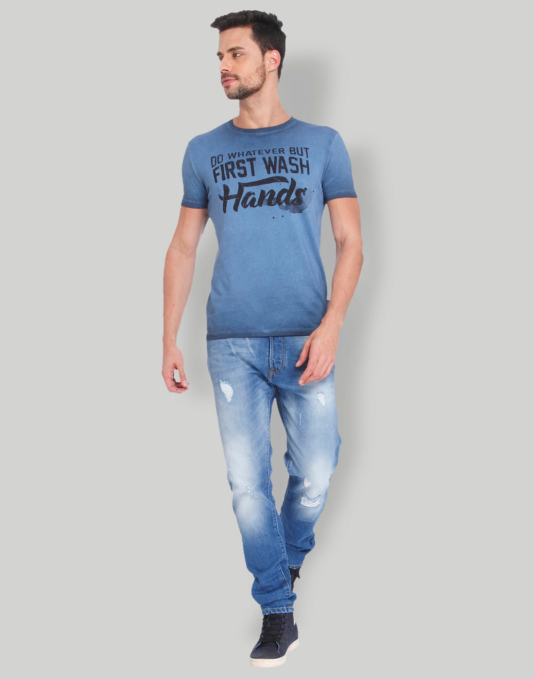 Blue Typographic Print Crew Neck T-Shirt