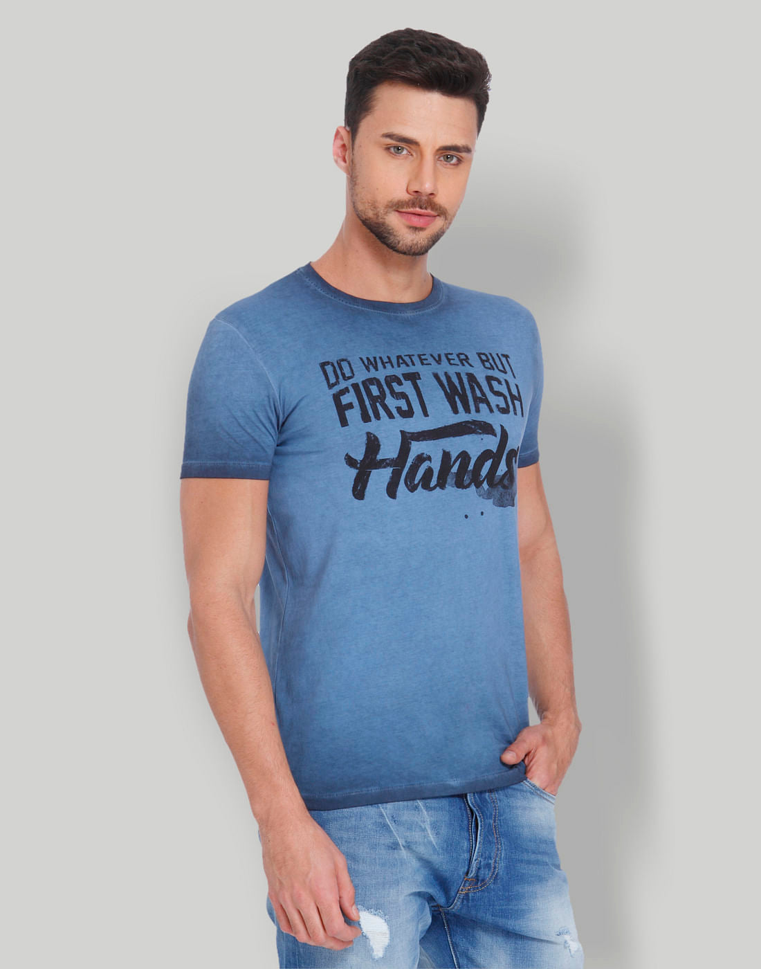 Blue Typographic Print Crew Neck T-Shirt