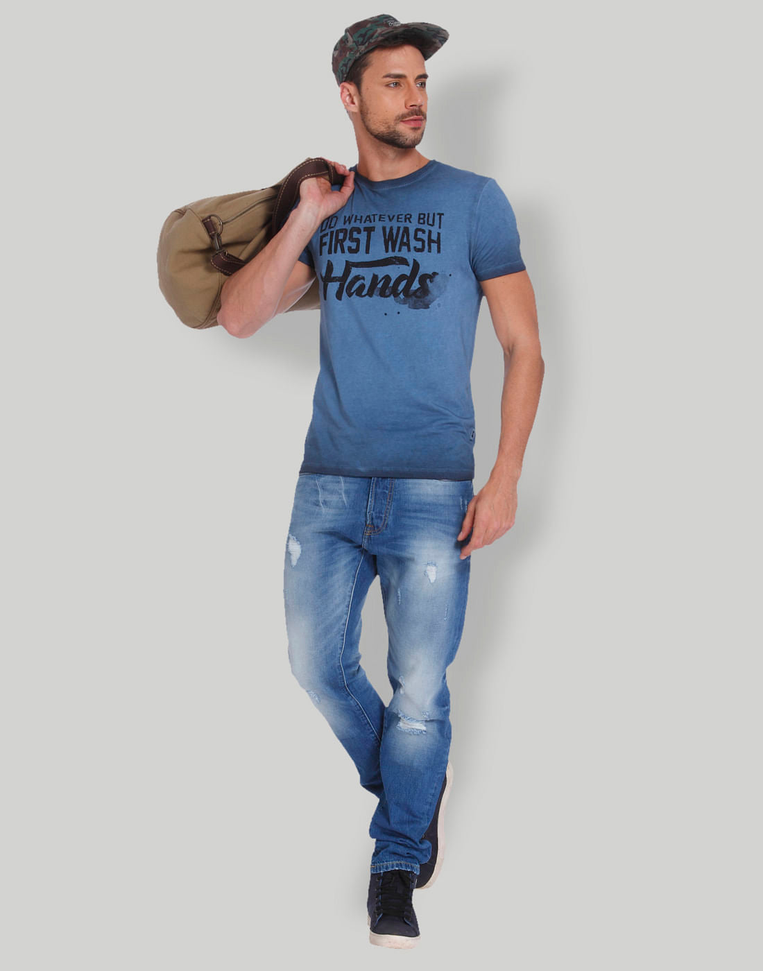 Blue Typographic Print Crew Neck T-Shirt