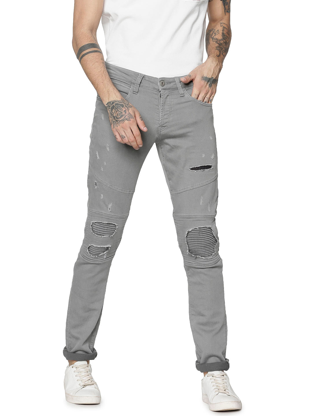 Grey Low Rise Glenn Slim Fit Distressed Jeans