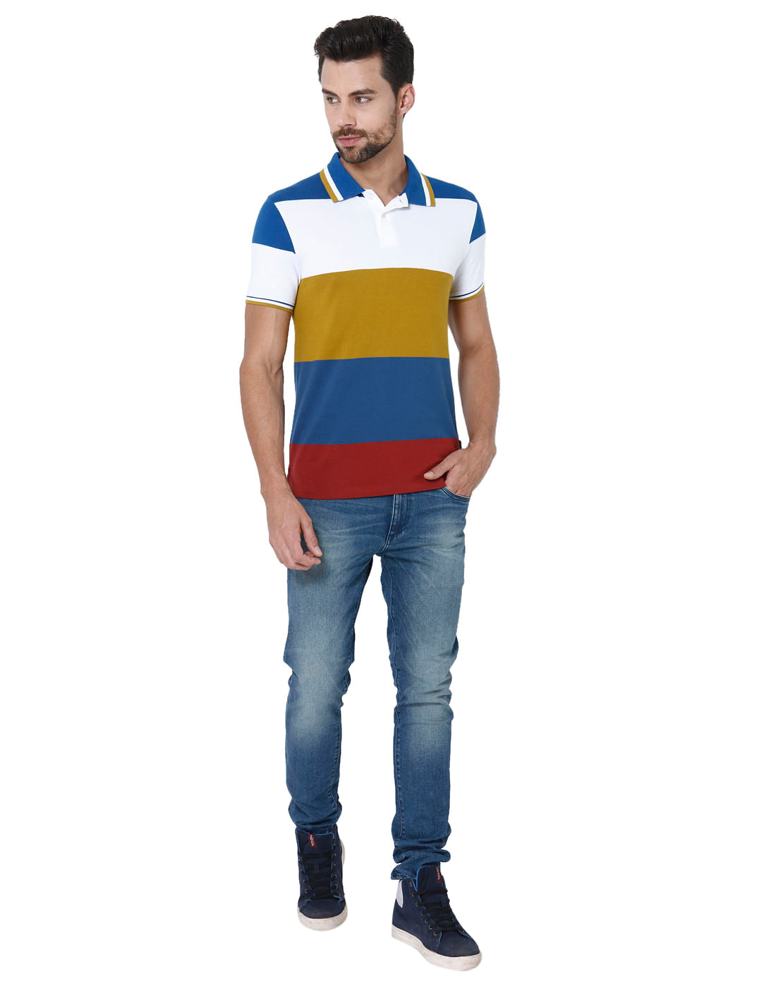 White Colourblocked Polo Neck T-Shirt