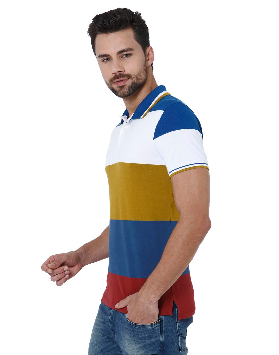 White Colourblocked Polo Neck T-Shirt