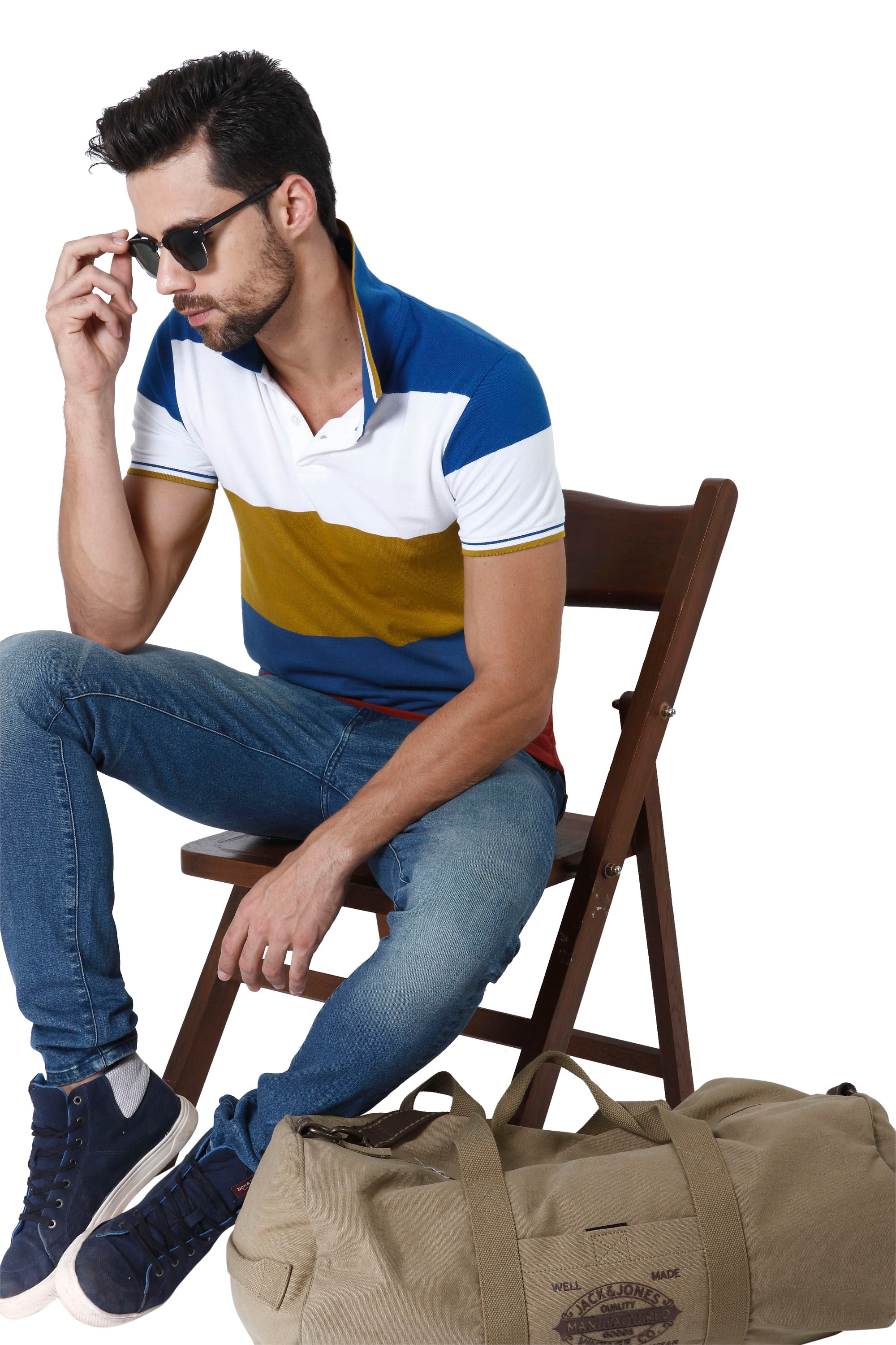 White Colourblocked Polo Neck T-Shirt