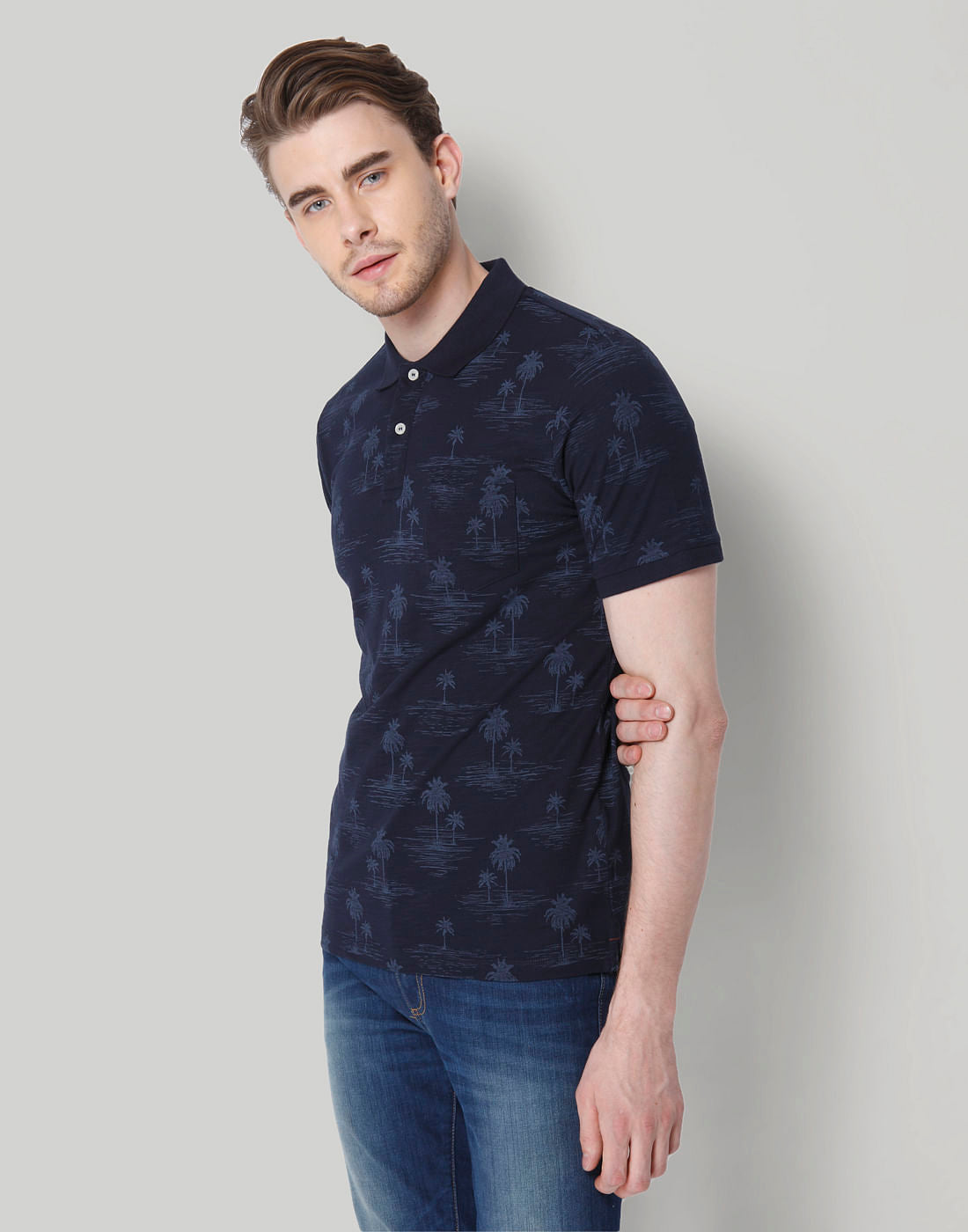 Navy Blue All Over Print Polo Neck T-Shirt