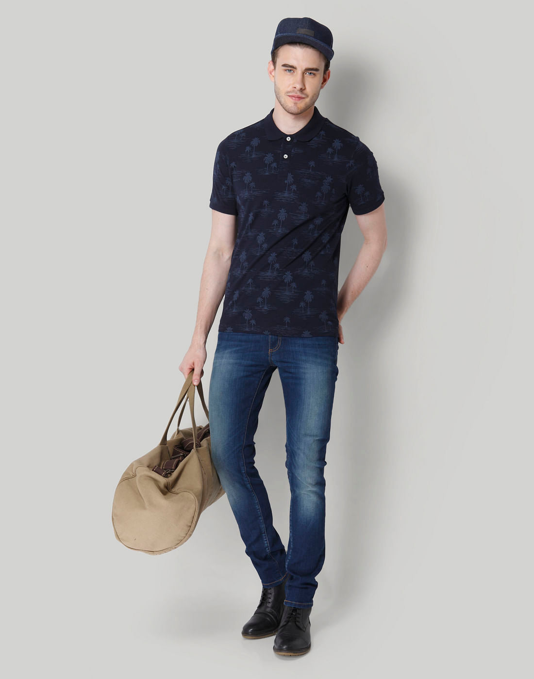 Navy Blue All Over Print Polo Neck T-Shirt
