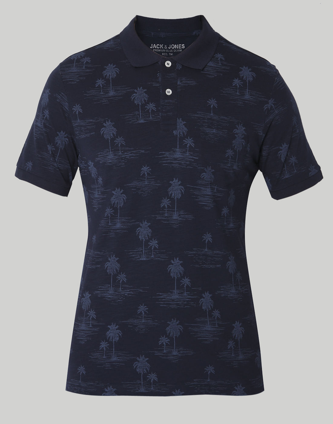 Navy Blue All Over Print Polo Neck T-Shirt