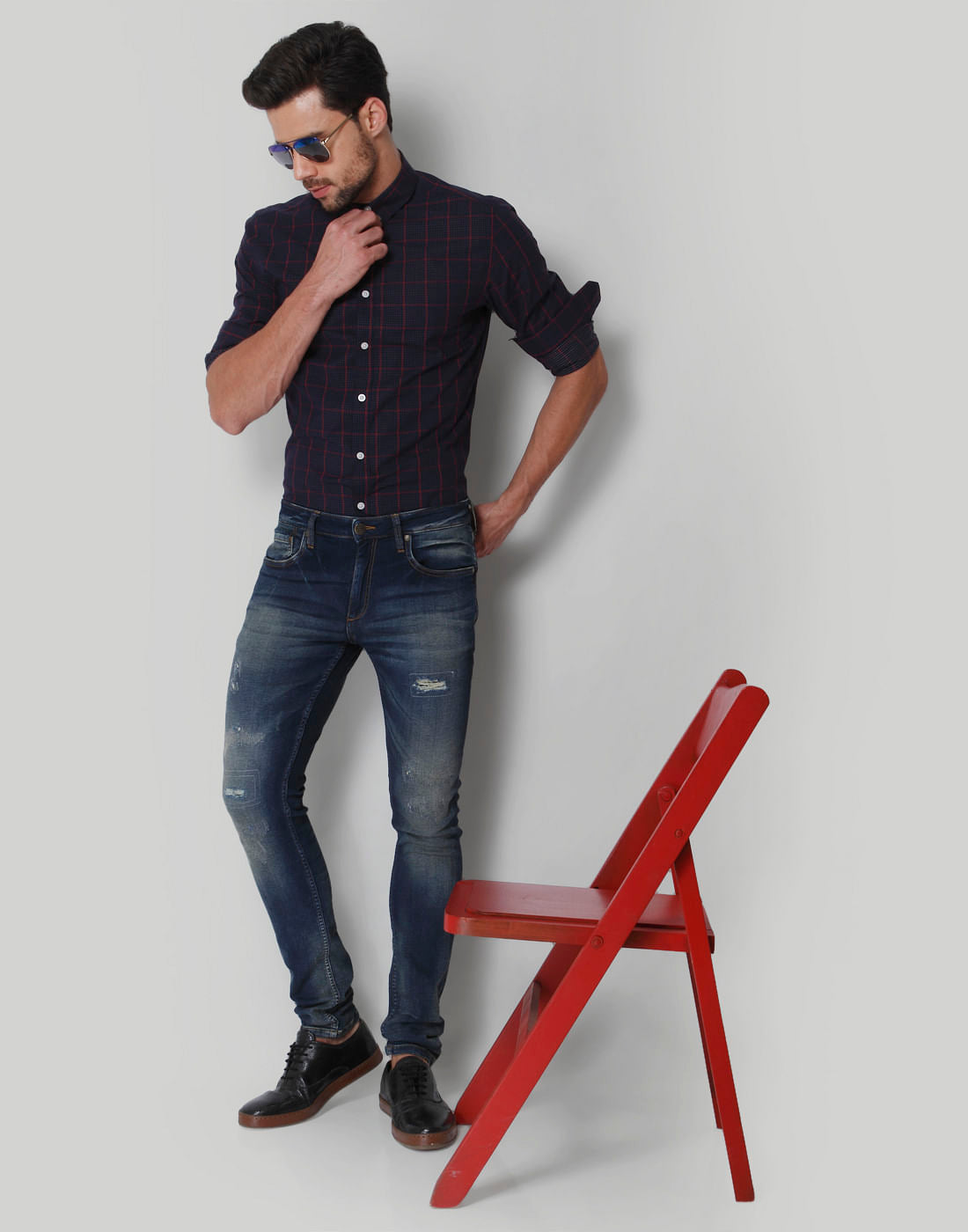 Blue Low Rise Distressed Liam Slim Fit Jeans