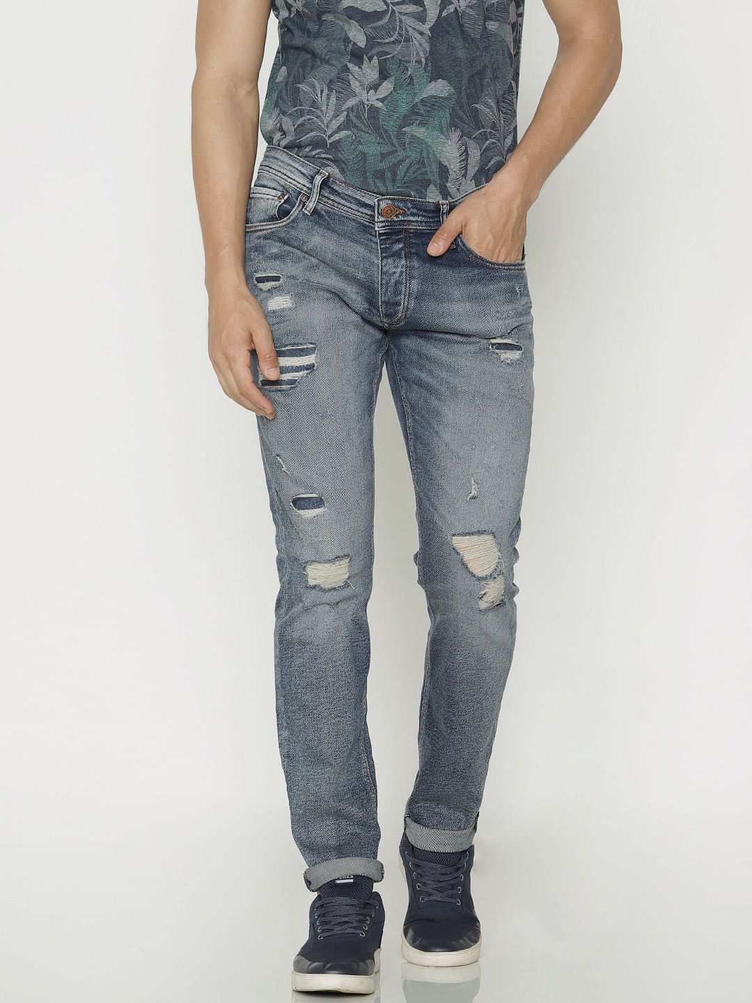 Blue Low Rise Ripped Tim Anti Fit Jeans