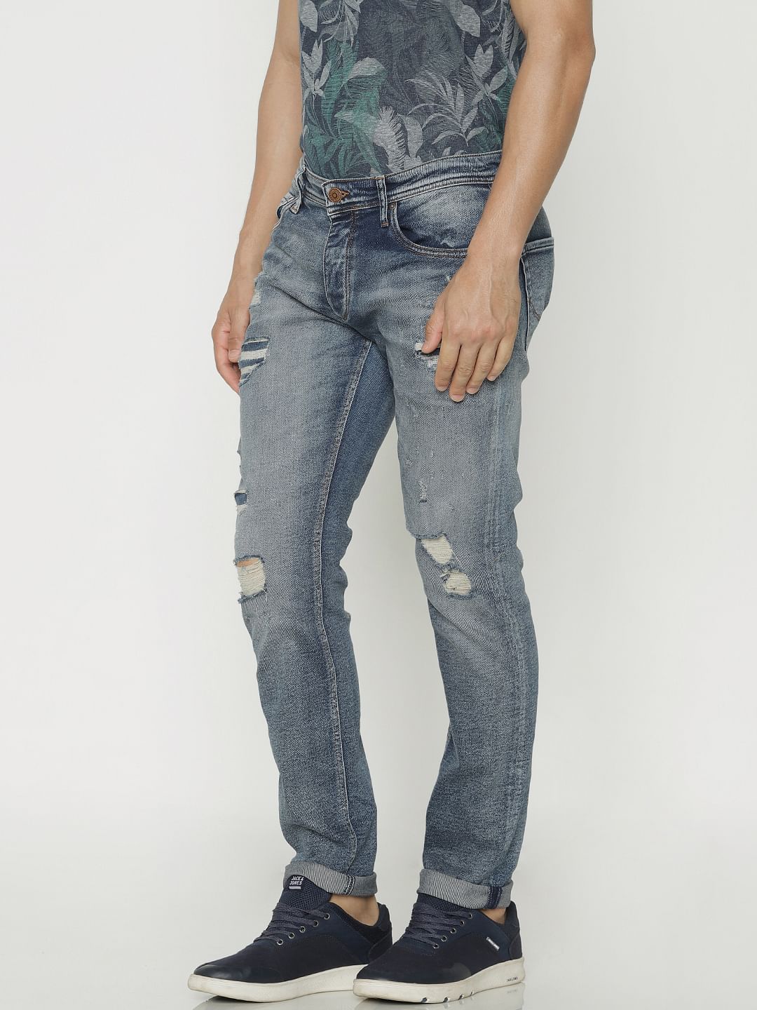 Blue Low Rise Ripped Tim Anti Fit Jeans